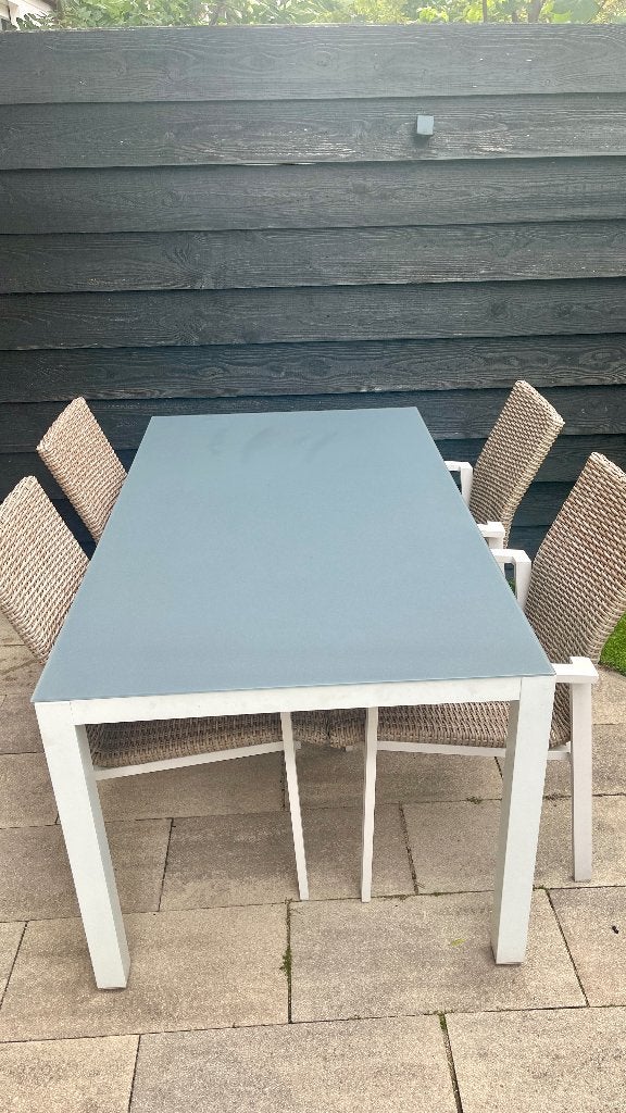 Buitentafel 160x90 aluminium en glas, Ophalen, Zo goed als nieuw, Rechthoekig, Aluminium