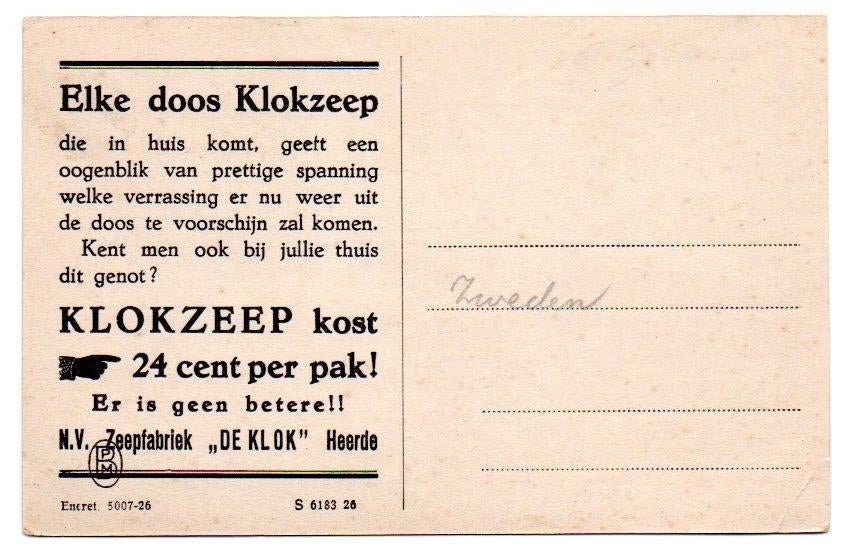 Reclamekaart KLOKZEEP Zeepfabriek De Klok Heerde (DK), Verzamelen, Ophalen, 1920 tot 1940, Ongelopen