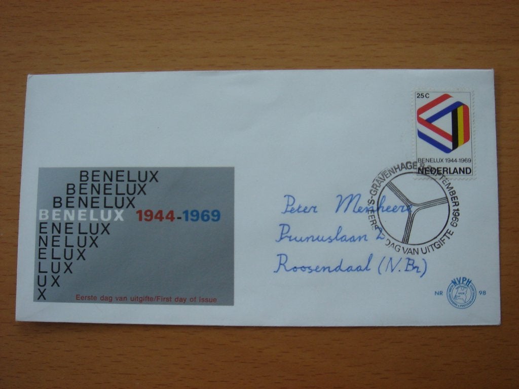 NVPH E98 1e Dag-enveloppe 1969 Benelux 1944 - 1969, Ophalen of Verzenden, Beschreven, Nederland