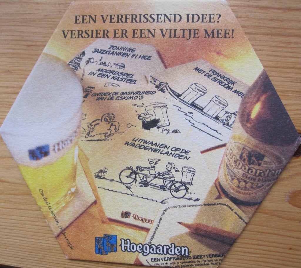zeshoekig bierviltje van Hoegaarden - verfrissend idee, Ophalen of Verzenden, Zo goed als nieuw, Viltje(s), Overige merken