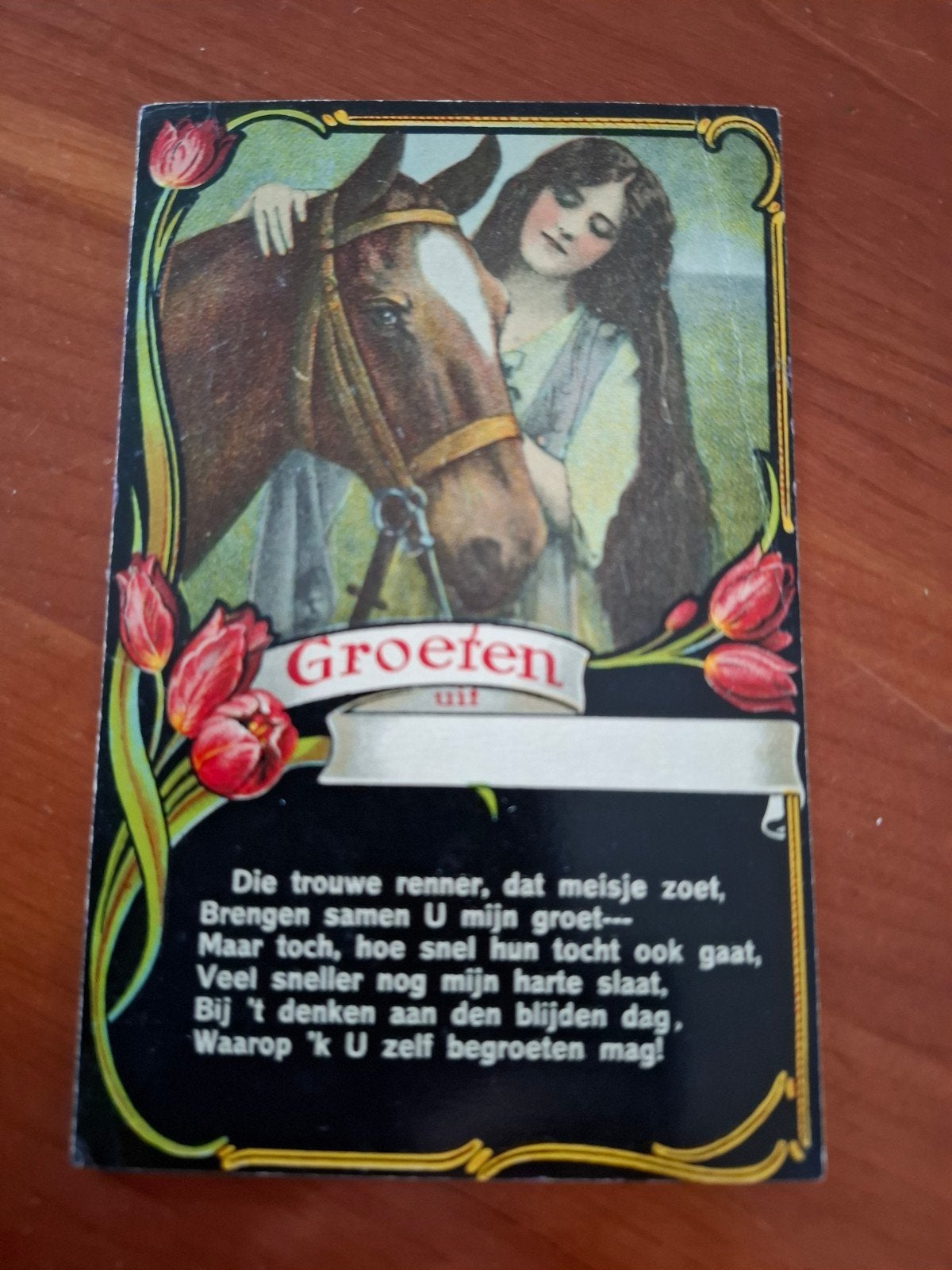 Ansichtkaart Groeten uit met vrouw en paard ongelopen, Ophalen of Verzenden, Voor 1920, Ongelopen, Overige thema's