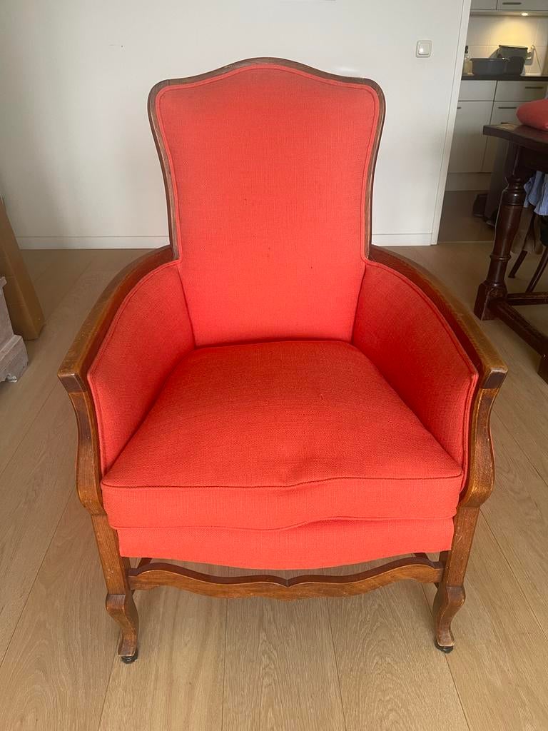 Vintage fauteuil met oranje stoffering, Huis en Inrichting, Fauteuils, Gebruikt, 75 tot 100 cm, Ophalen of Verzenden, 50 tot 75 cm
