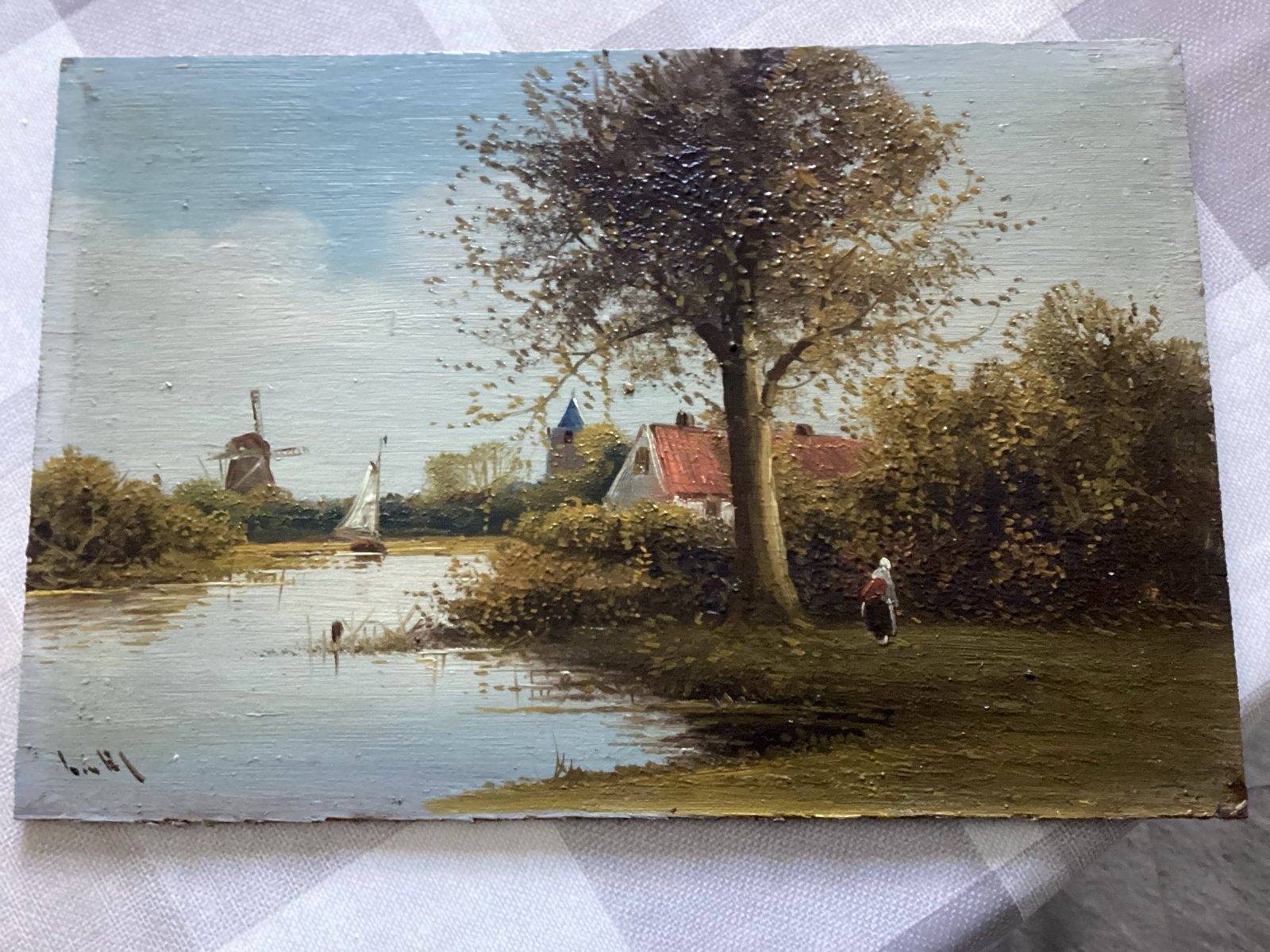 Oud Hollands Landschap Schilderij met Molen en Water 30x20cm, Paneel, Oud hollands, Ophalen of Verzenden, Olieverf
