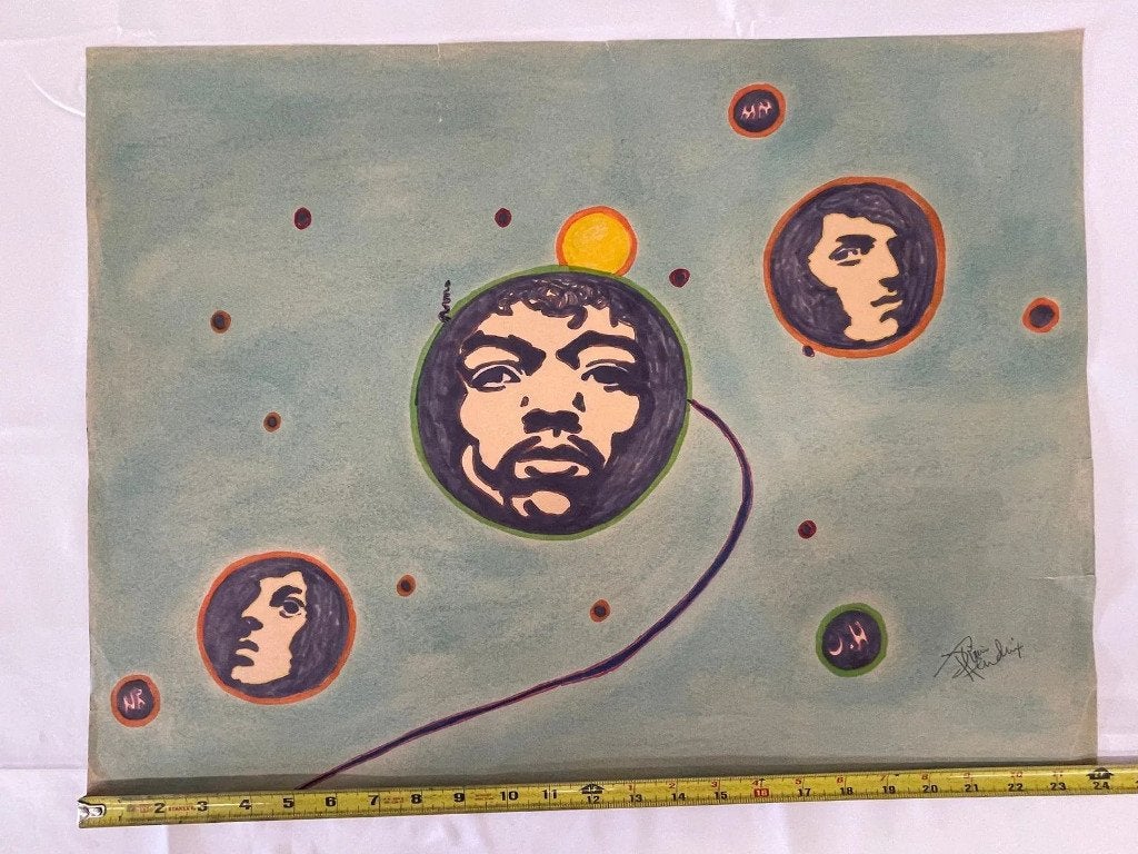 JIMI HENDRIX SIGNED Artwork 1960 Dwight Russ, Ophalen of Verzenden, Gebruikt, Poster, Artwork of Schilderij, Gesigneerd