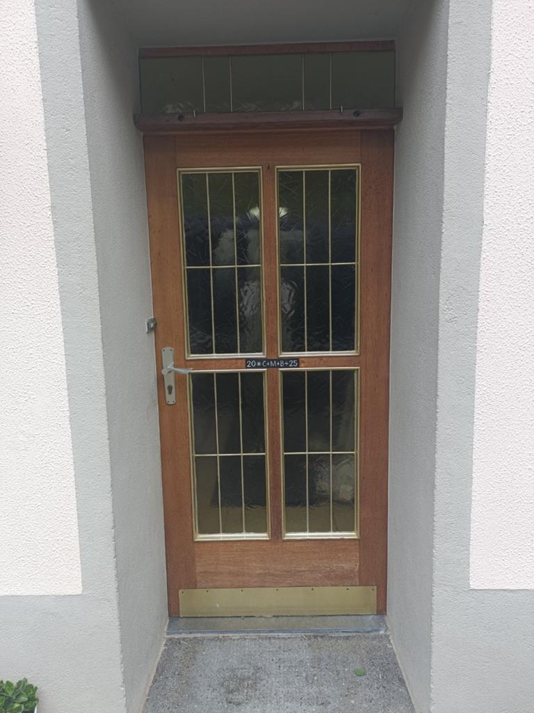 Duitse houten voordeur met glas en bovenlicht, Ophalen, Gebruikt, 80 tot 100 cm, 215 cm of meer