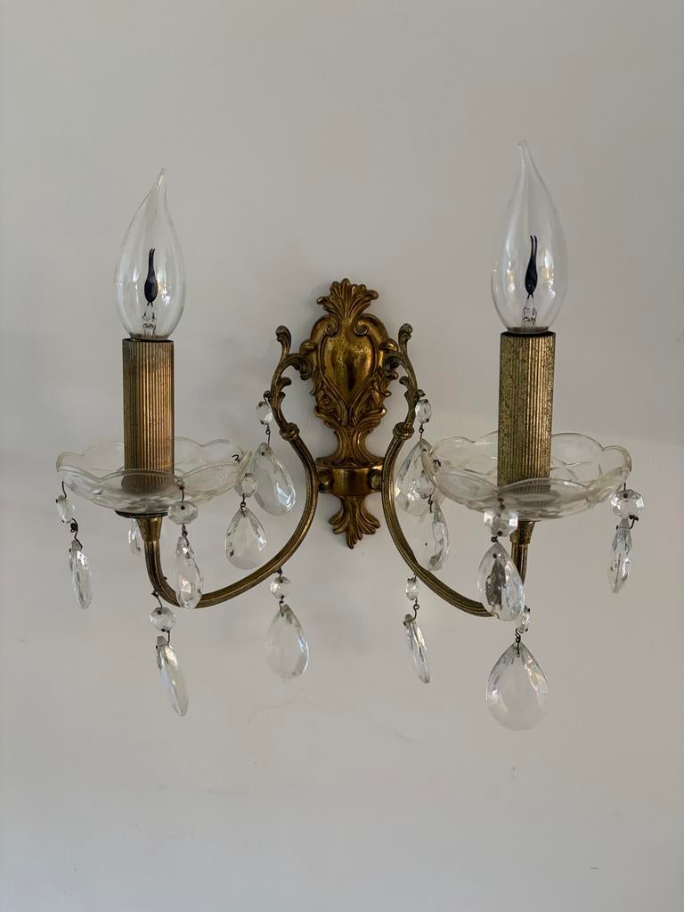 Vintage Kristallen Wandlamp - Brocante Klassieke Stijl, Ophalen of Verzenden, Gebruikt, Metaal