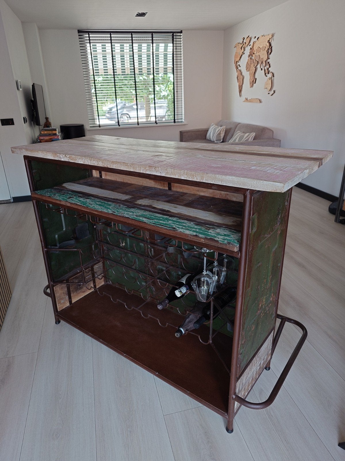 Industriële bar/kast met groene/bruine metalen afwerking, Huis en Inrichting, Barren, Ophalen, Nieuw