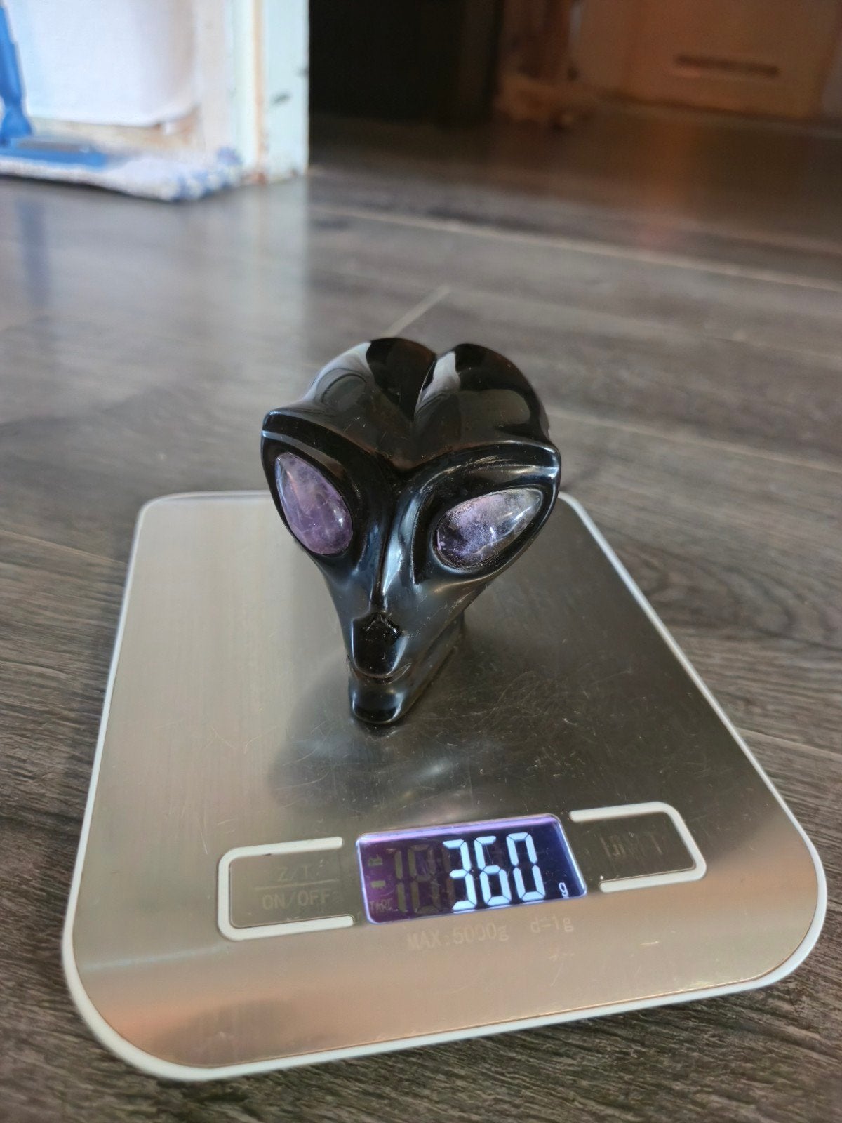 Unieke Obsidiaan Aliën Schedel met Amethist Ogen - 360g, Ophalen of Verzenden, Mineraal