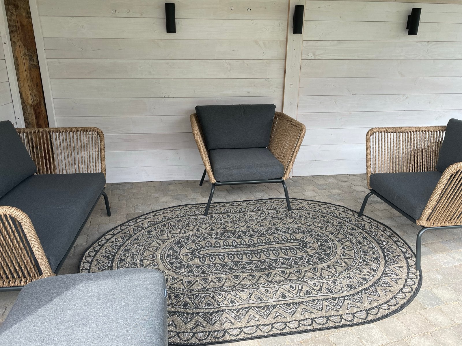 Ovaal vloerkleed met etnisch patroon voor binnen/buiten, Ophalen, Beige, 150 tot 200 cm, 200 cm of meer
