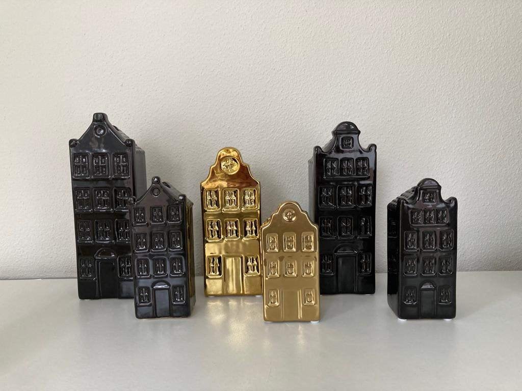 Amsterdamse Grachtenpanden vaas set-2 zwart of goud Nieuw!, Zwart, Nieuw, Ophalen of Verzenden, Modern