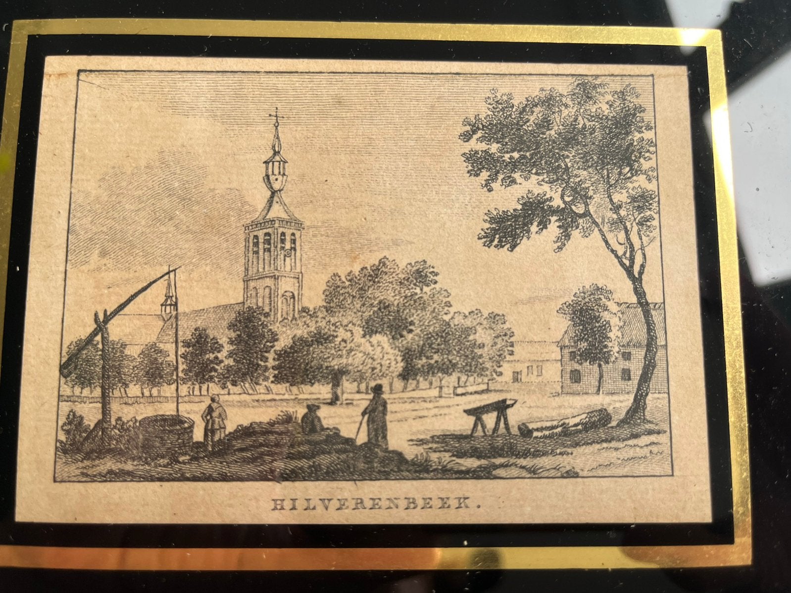 Antieke gravure Hilvarenbeek, 18 cm, Ingelijst, Stadsgezicht, Ophalen of Verzenden