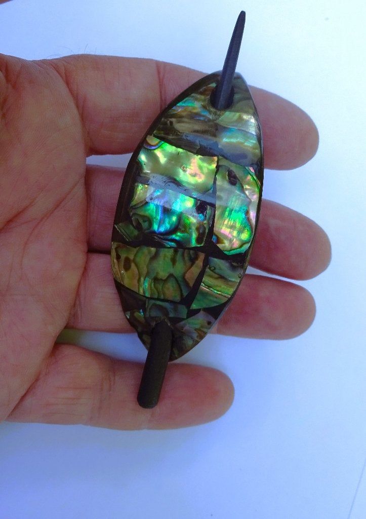Houten bohemian haarpin met een mozaïekinleg Abalone schelp, Verzenden, Zo goed als nieuw, Haarspeld