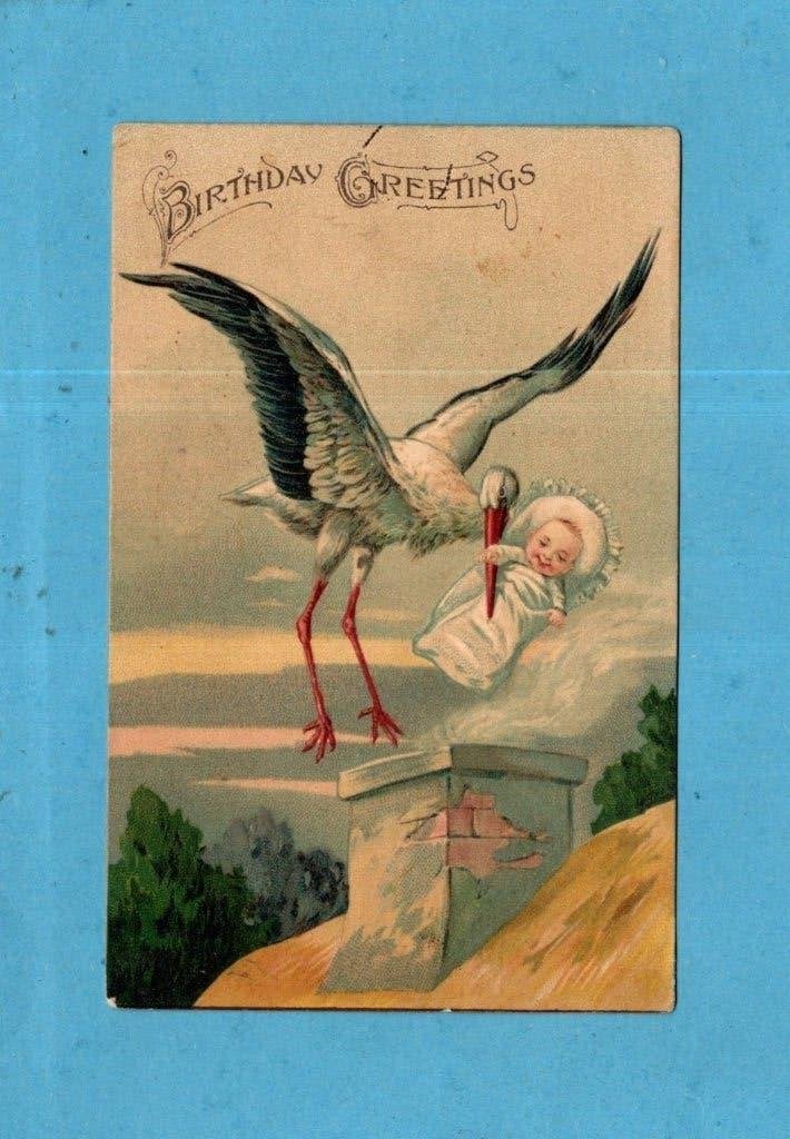 Pracht Vintage Verjaardagskaart Ooievaar met Baby - W002, Verzenden, Voor 1920, Gelopen, Kinderen