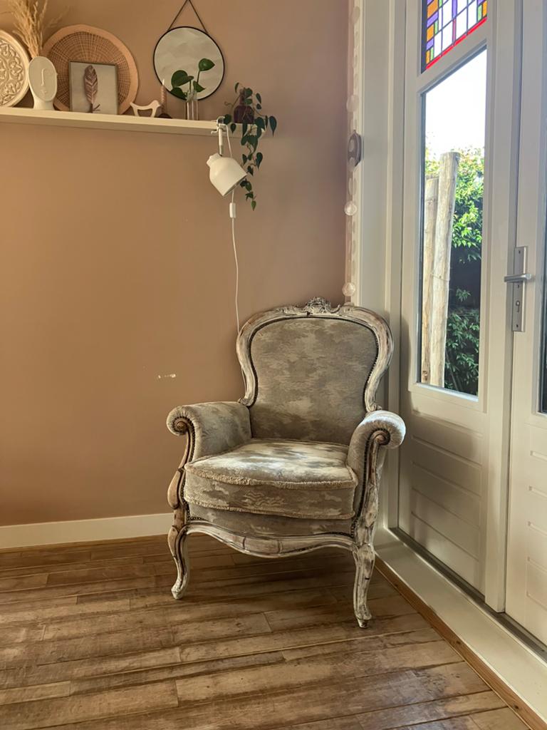 Vintage Barrok Bergère Louis XV fauteuil, Ophalen, Gebruikt, Minder dan 75 cm, Stof