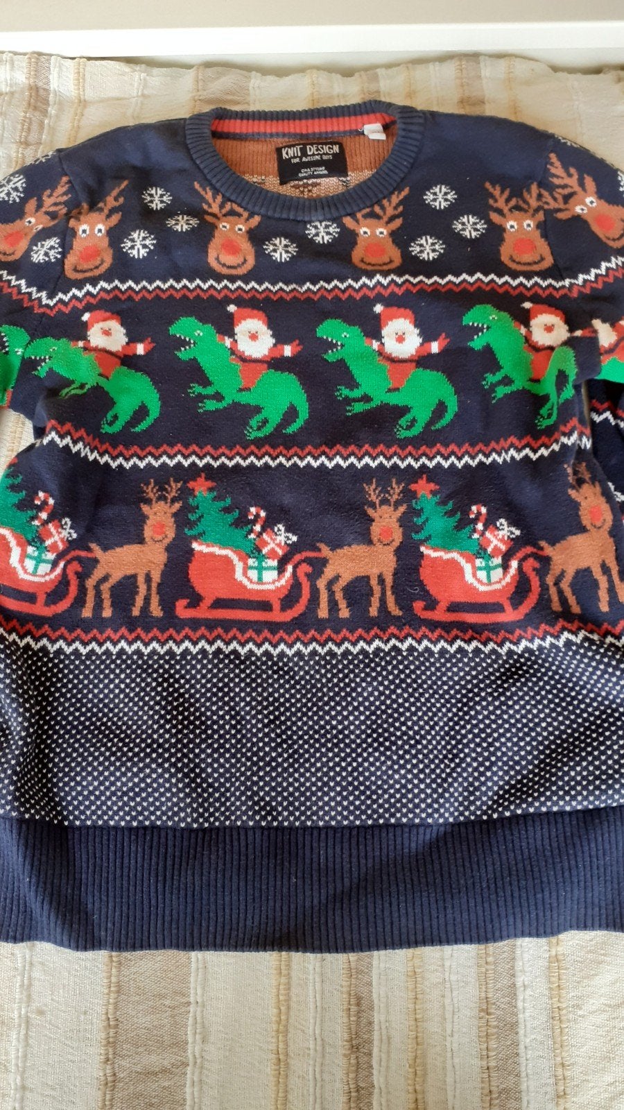 Leuke kersttrui maat 134 met dino's en rendieren, Knit Design, Jongen of Meisje, Trui of Vest, Ophalen of Verzenden