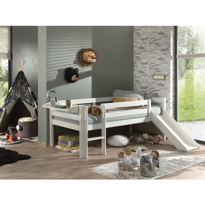 Pino halfhoogslaper laag met glijbaan - 90x200 - Wit, Niet ingevuld, Niet ingevuld, Niet ingevuld
