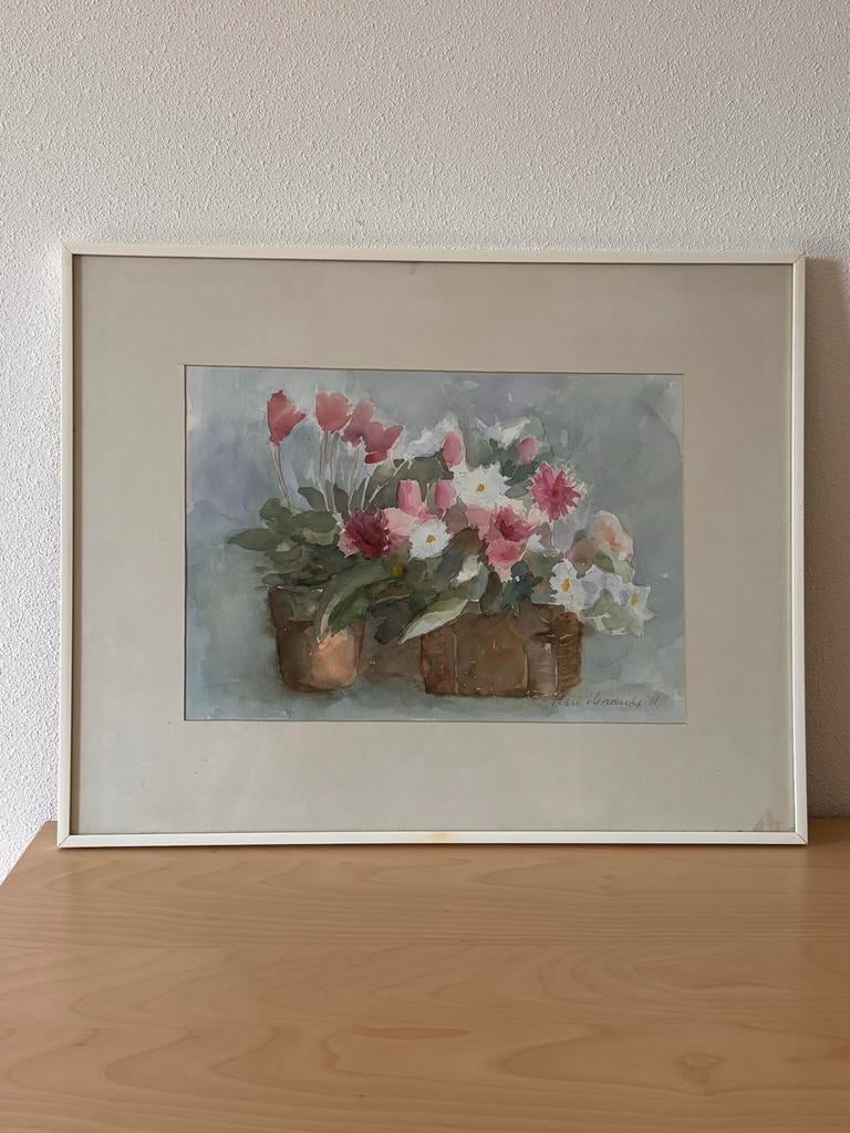 Aquarel Bloemen in Potten - Gesigneerd Marie Hendriks '91, Antiek en Kunst, Kunst | Schilderijen | Klassiek, Ophalen
