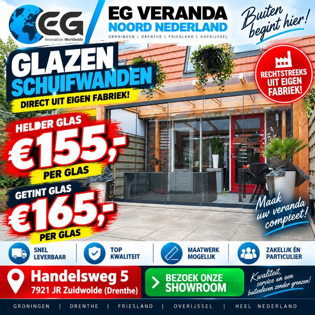 Glazen Schuifwanden € 155,-, Tuin en Terras, Overkappingen, Ophalen of Verzenden, Nieuw, Veranda