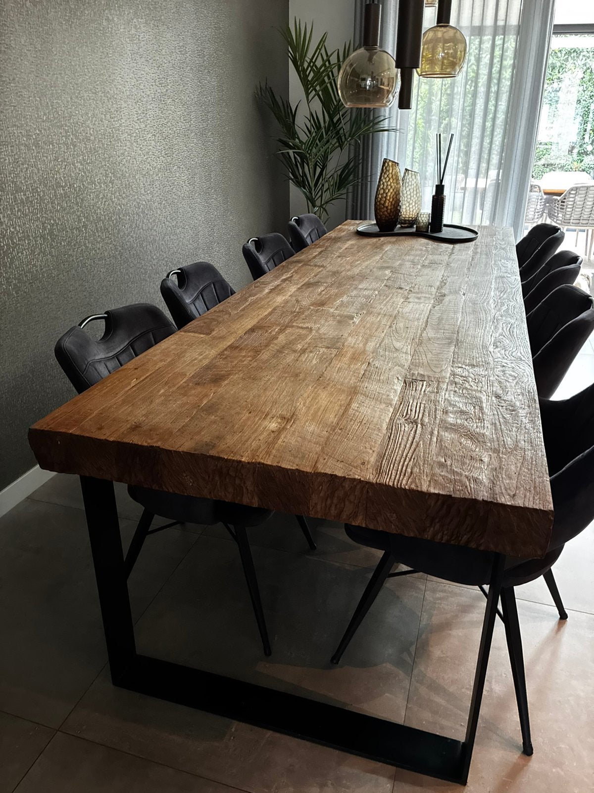 Robuuste Teak Houten Eettafel met Zwarte Metalen Poten, Ophalen, Gebruikt, 100 tot 150 cm, Teakhout