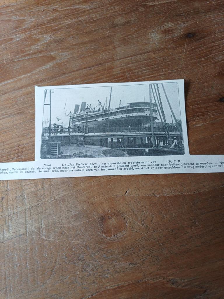 Knipsel stoomschip Jan Pieterszoon Coen stoomvaartmij. 1915, Verzamelen, Scheepvaart, Ophalen of Verzenden, Gebruikt, Kaart, Foto of Prent