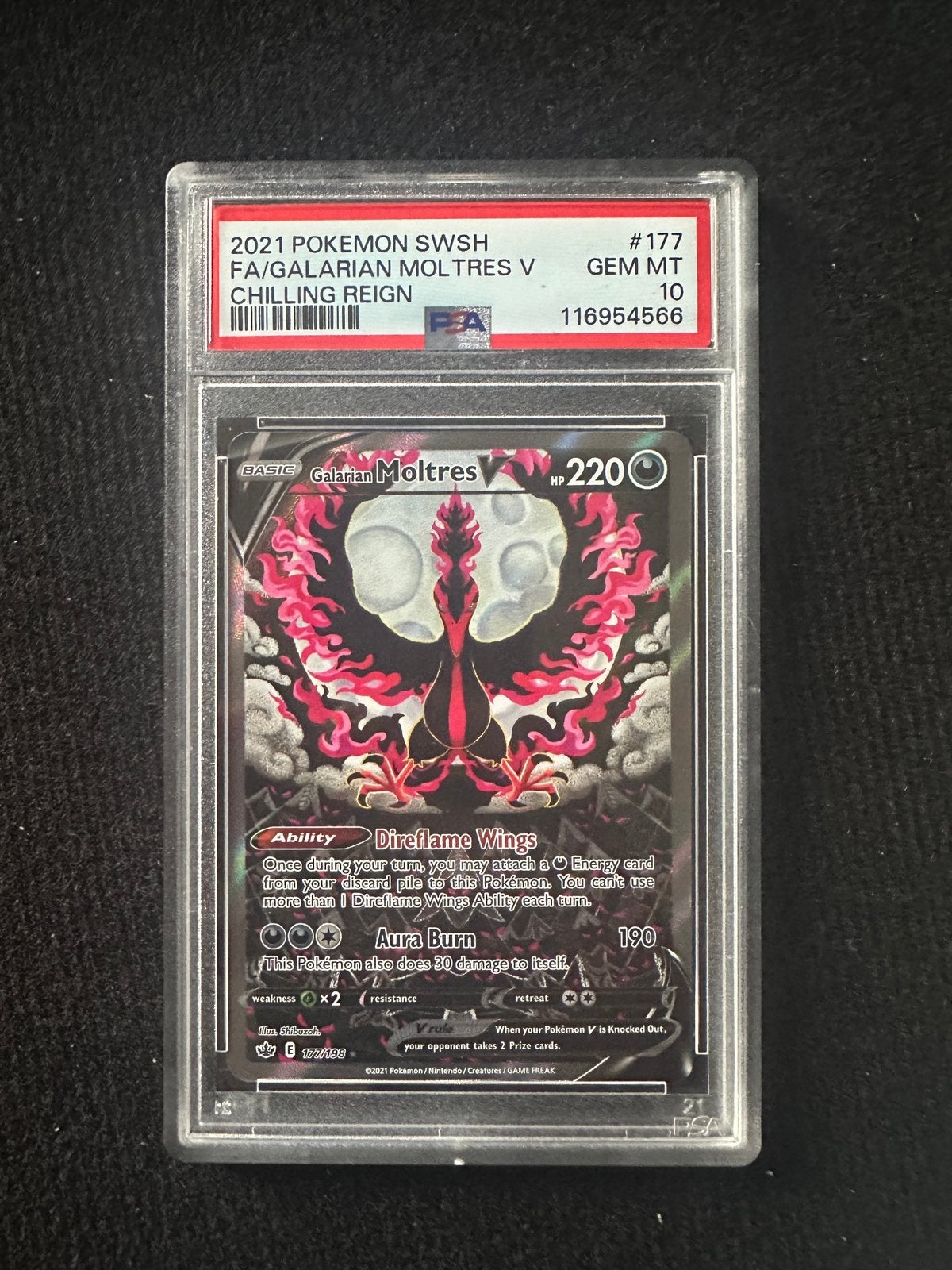 Galarian Moltres V (CRE 177) PSA 10 - pokemon engels, Hobby en Vrije tijd, Ophalen of Verzenden, Zo goed als nieuw, Losse kaart