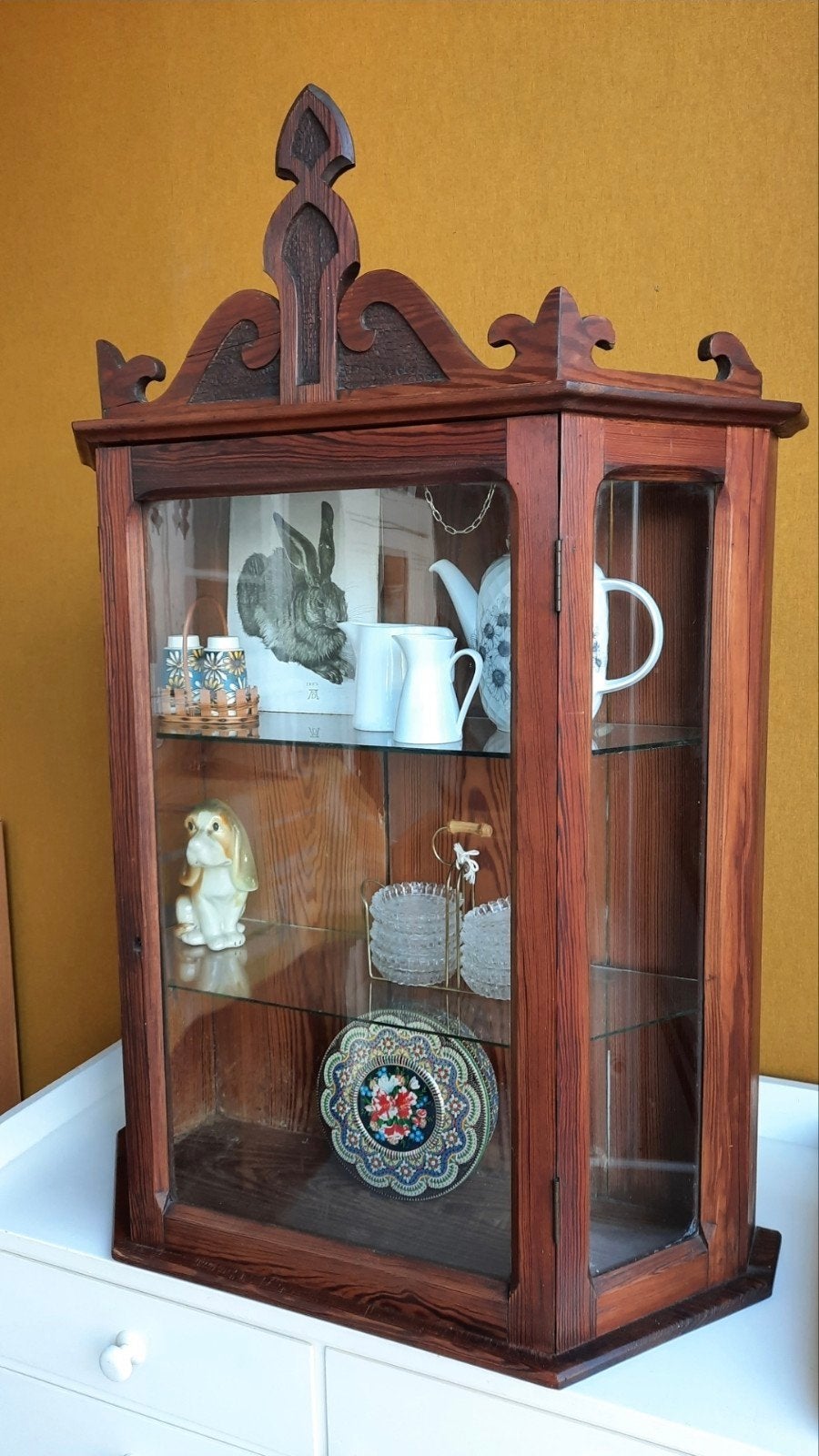 Vintage schappenkastje, wandkastje, kastje met glas, vitrine, Ophalen, Gebruikt, Vintage, Nvt