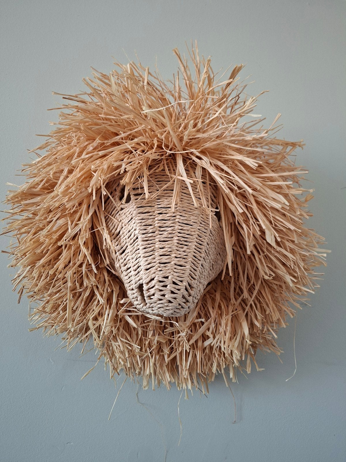 Wanddecoratie Leeuwenkop van rotan en raffia, Ophalen, Beige, Boho, Zo goed als nieuw