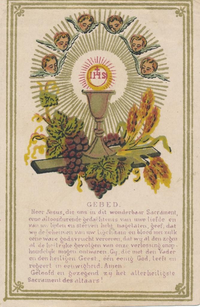 Mooie oude devotieprent Kelk, en Engeltjes - gebed, Verzamelen, Ophalen of Verzenden, Zo goed als nieuw, Kaart of Prent, Christendom | Katholiek