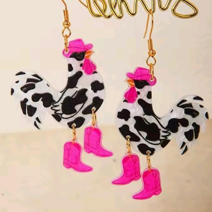 Nieuwe Oorbellen met Hanen en Roze Laarzen Design, Overige materialen, Hangers, Zwart, Nieuw