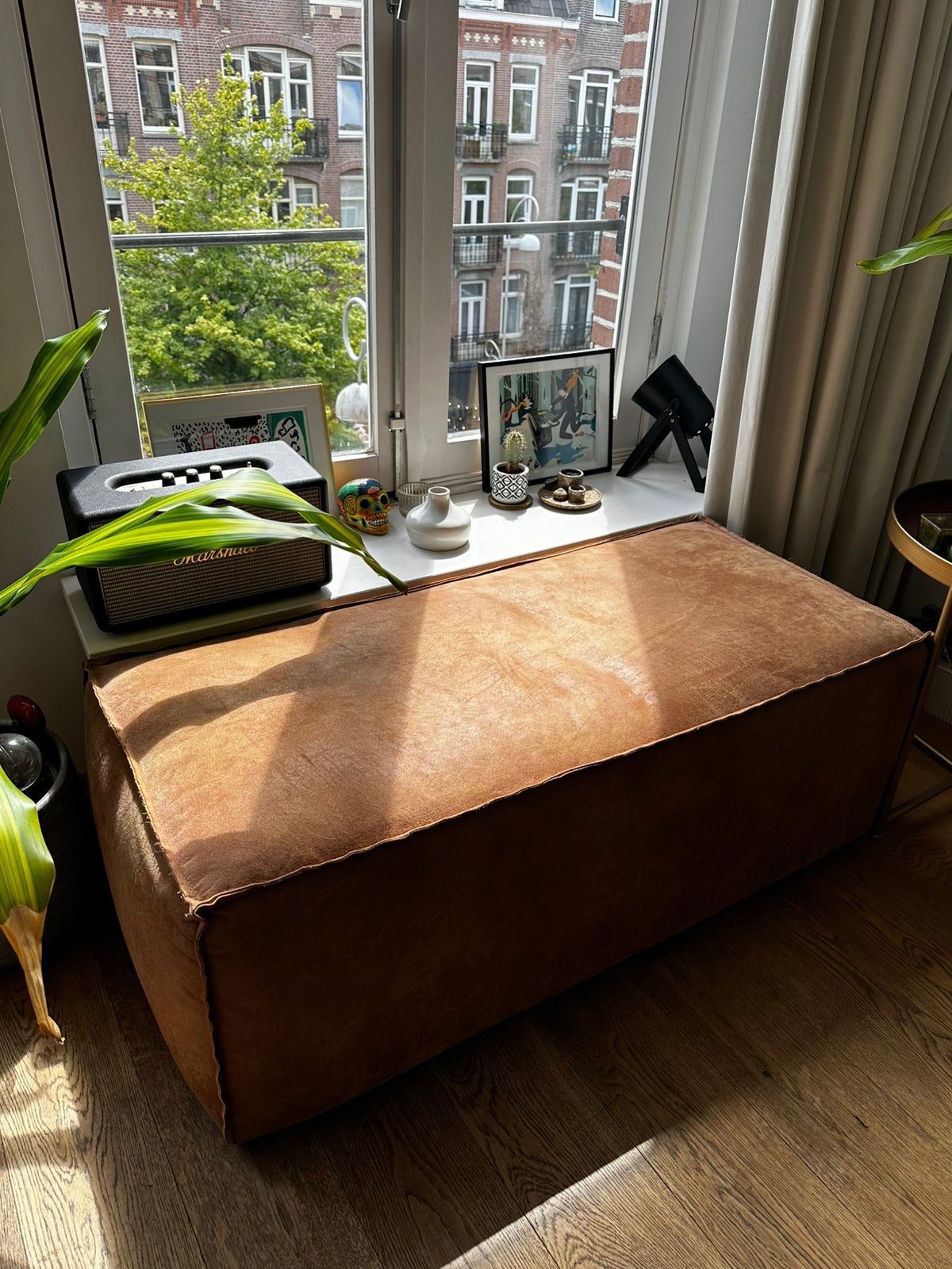 Bepurehome woood rodeo poef cognac ecoleer, Ophalen, Minder dan 50 cm, Rond, Leer