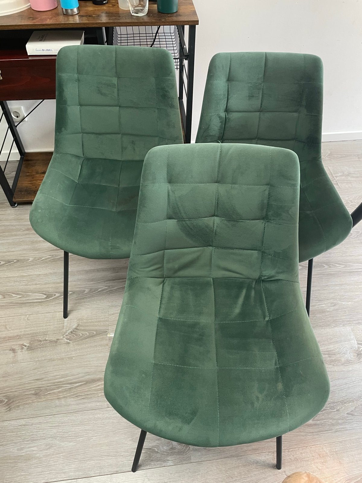 3 groene velvet stoelen, Huis en Inrichting, Ophalen, Gebruikt, Overige kleuren, Drie