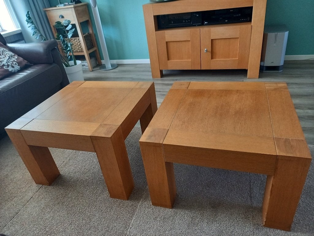 Set van twee blank eiken salontafeltjes, Ophalen, Gebruikt, 50 tot 100 cm, 50 tot 100 cm