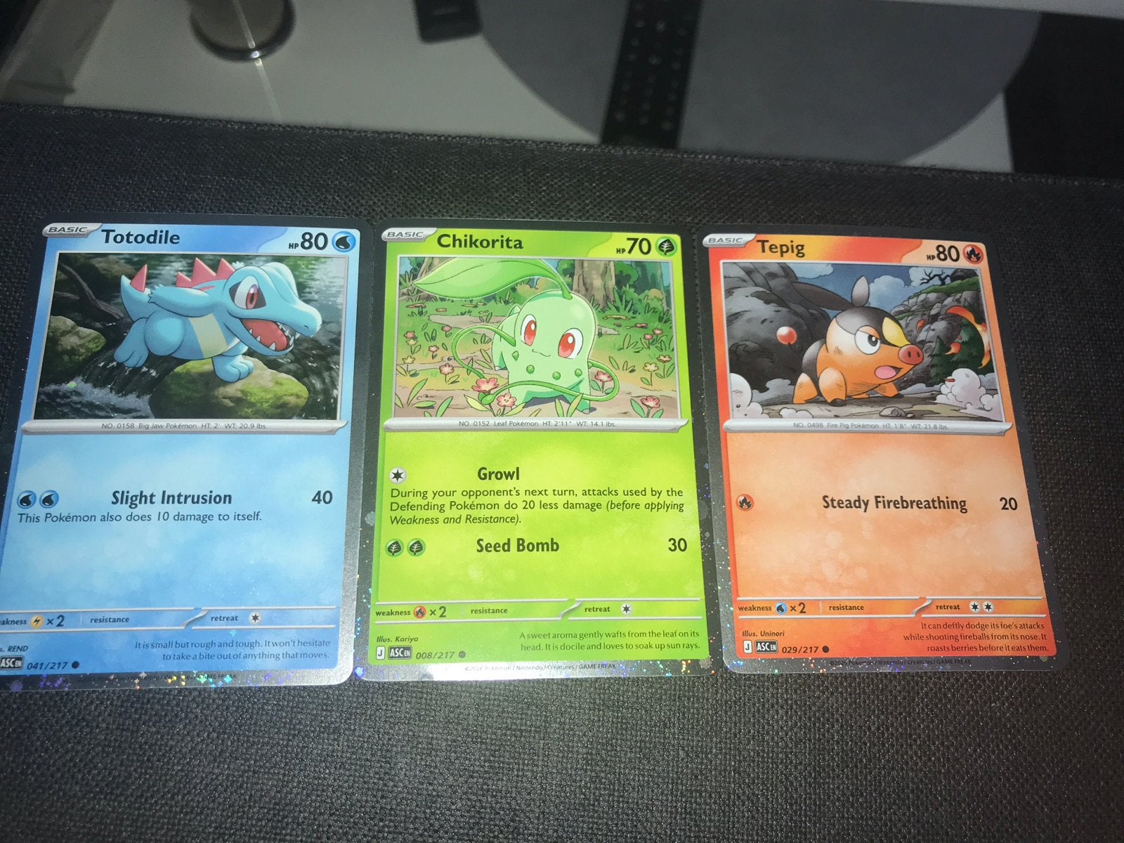 Pokémon Kaarten: Totodile, Chikorita, Tepig (3 stuks), Ophalen of Verzenden, Gebruikt, Meerdere kaarten