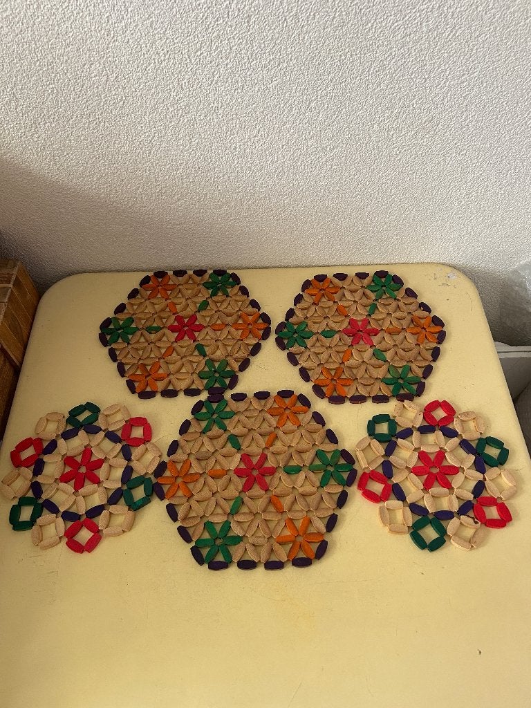 5 Vintage houten pannenonderzetters set – Jaren 60/70, Ophalen of Verzenden