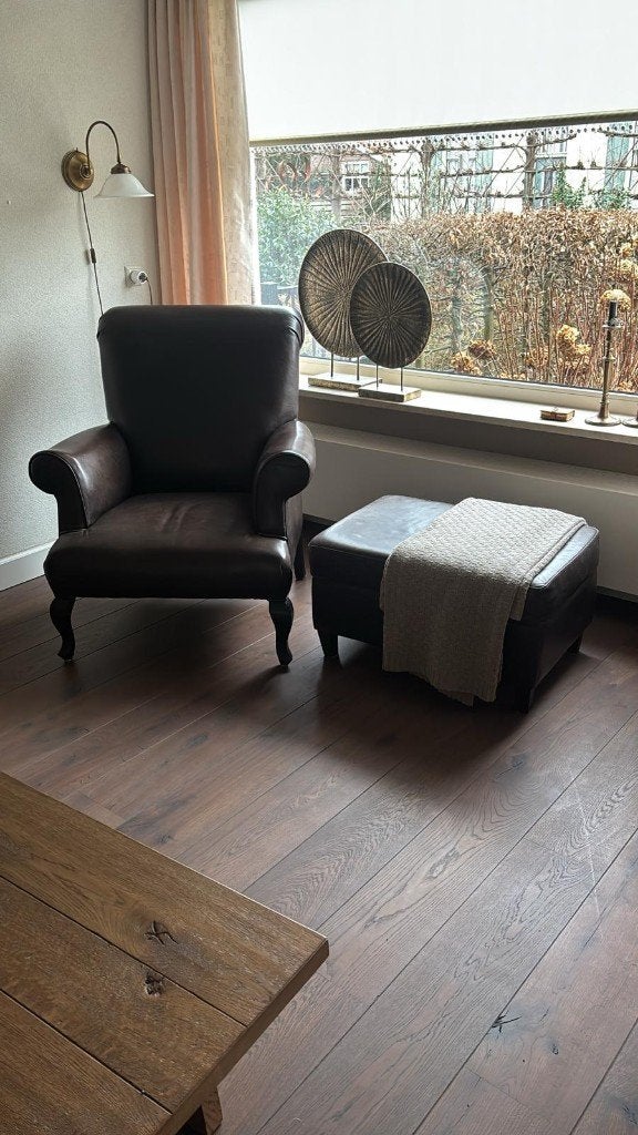 Leren fauteuil donkerbruin zonder hocker, Ophalen, Gebruikt, 50 tot 75 cm, Leer