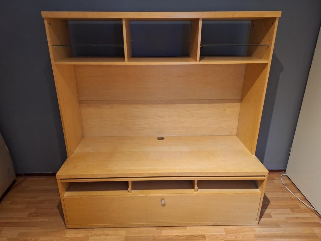 Houten TV-meubel met opbergruimte en glazen planken, Huis en Inrichting, Kasten | Televisiemeubels, Ophalen, Gebruikt, Glas, 100 tot 150 cm