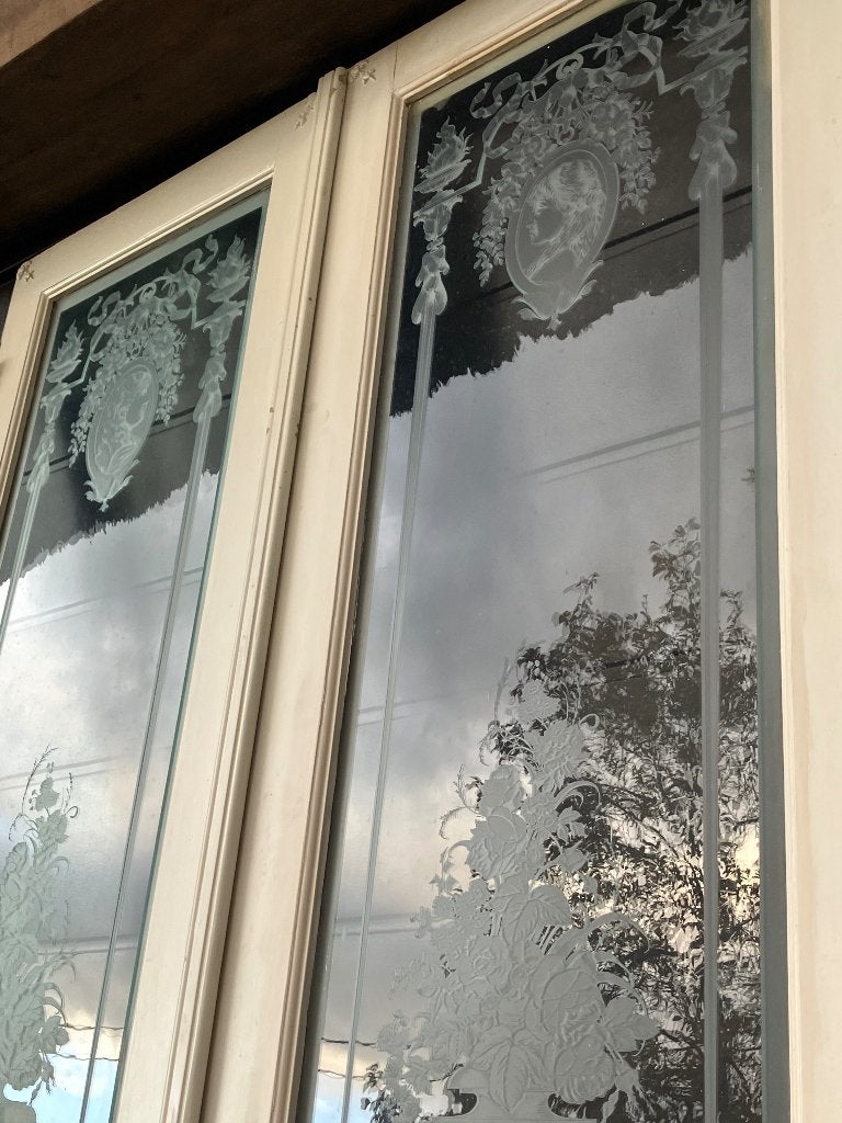 Uitzonderlijk hoge dubbele ensuite deur art-deco geëtst glas, Ophalen, Gebruikt, Binnendeur, Glas