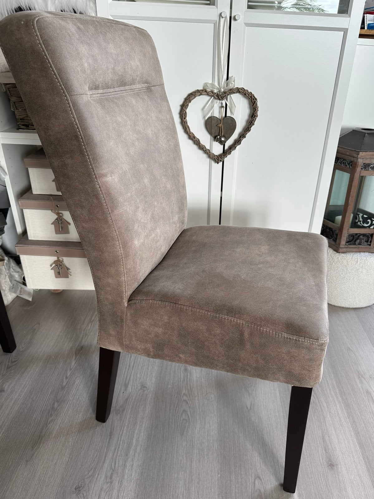 Set van 4 comfortabele eetkamerstoelen, taupe stof, Huis en Inrichting, Stoelen, Ophalen, Overige kleuren, Zo goed als nieuw, Vier