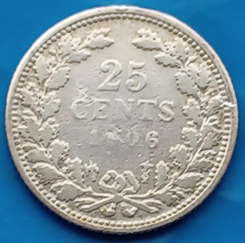 25 Cent 1906 - Wilhelmina, Postzegels en Munten, Munten | Nederland, Verzenden, Zilver, 25 cent, Koningin Wilhelmina