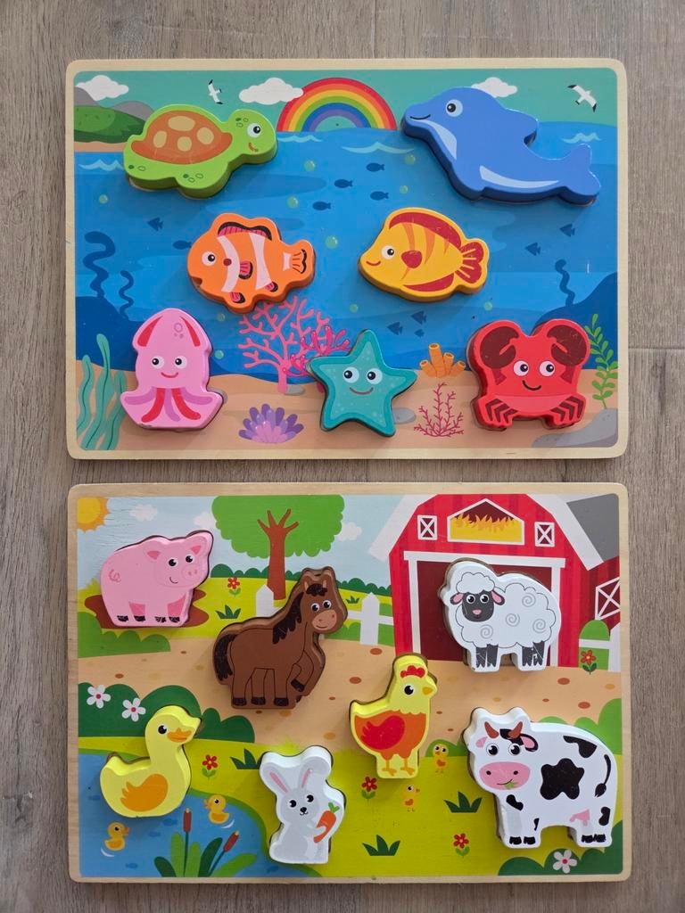 Houten puzzels: Boerderij en Onderwaterwereld (2 stuks), Ophalen of Verzenden, Zo goed als nieuw, Van hout, Minder dan 10 stukjes