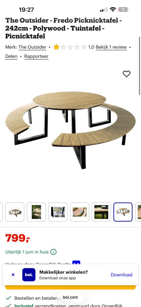 The Outsider Fredo Picknicktafel 242cm Polywood, Ophalen of Verzenden, Nieuw, Rond, Overige materialen