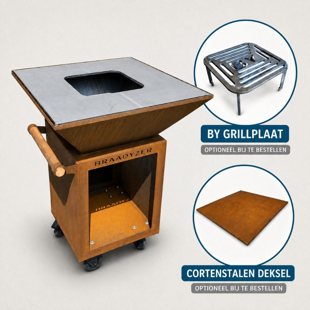 Cortenstalen BBQ Plancha Houtgestookte Plancha BBQ op Wielen, Ophalen of Verzenden, Nieuw