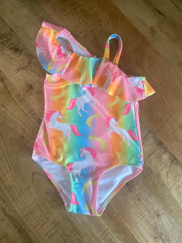 Eenhoorn badpak met ruches - Regenboogkleuren, Maat 104, Meisje, Badpak, Ophalen of Verzenden