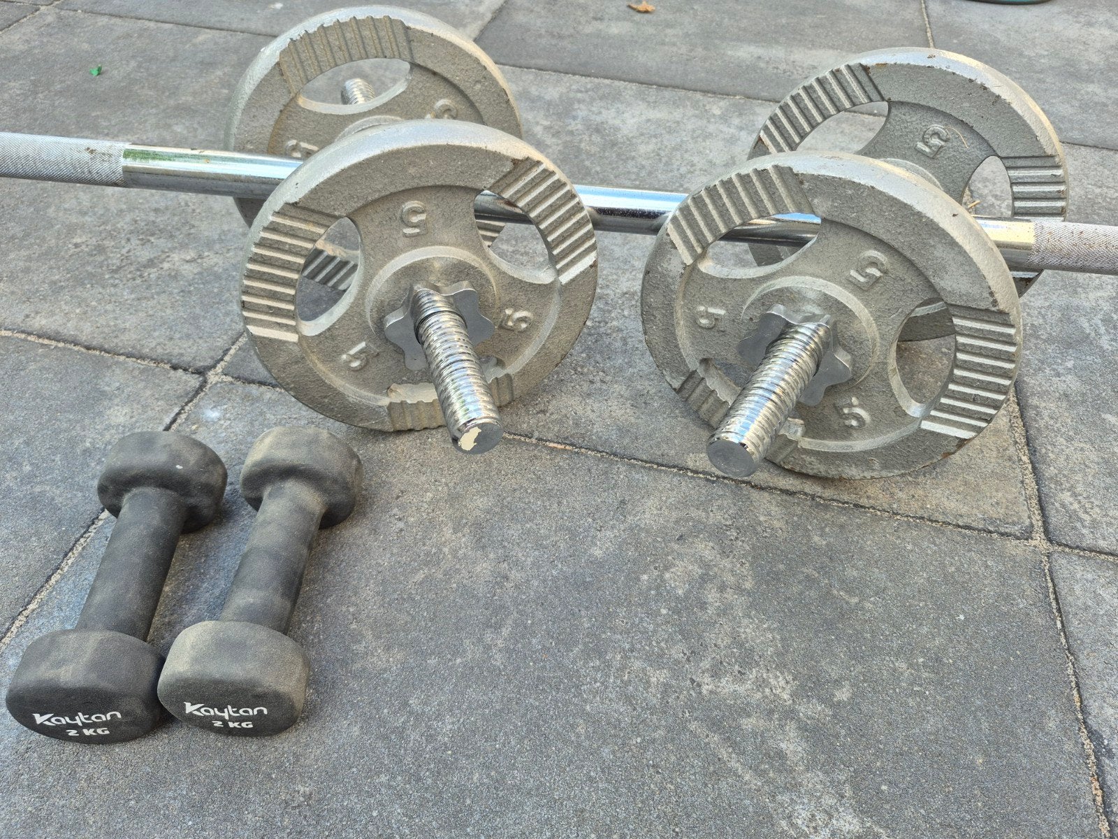 Halterset met halterschijven en 2 kg and 5 kg dumbbells, Ophalen, Gebruikt, Armen, Halterset