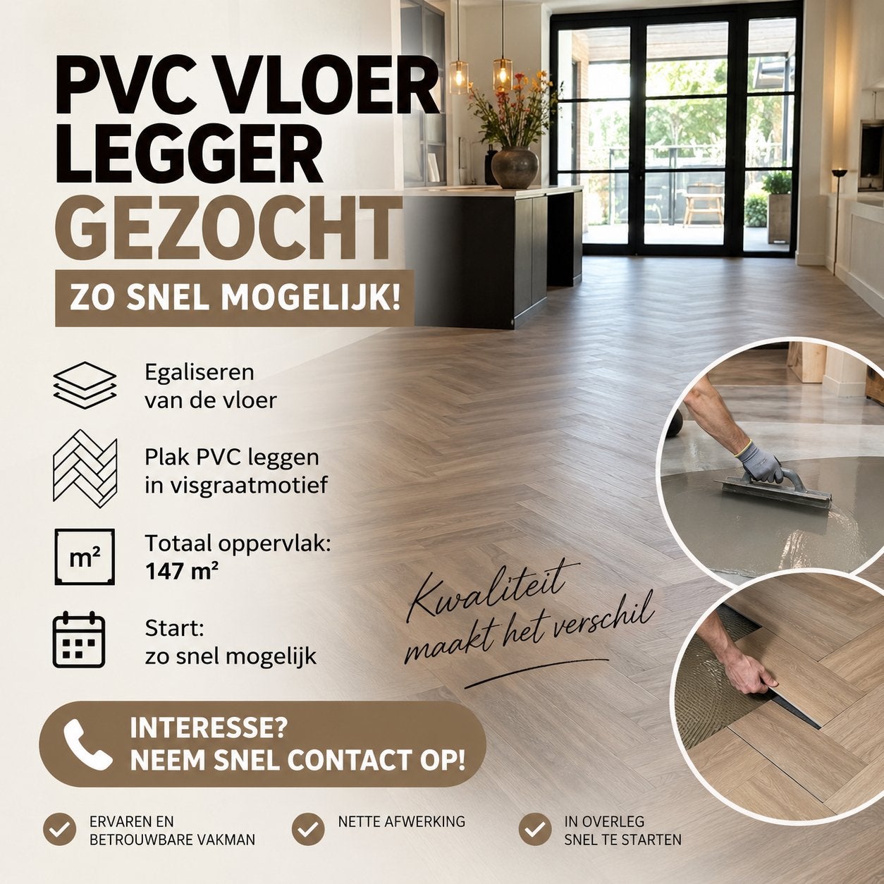 Pvc vloer legger gezocht, Ophalen of Verzenden