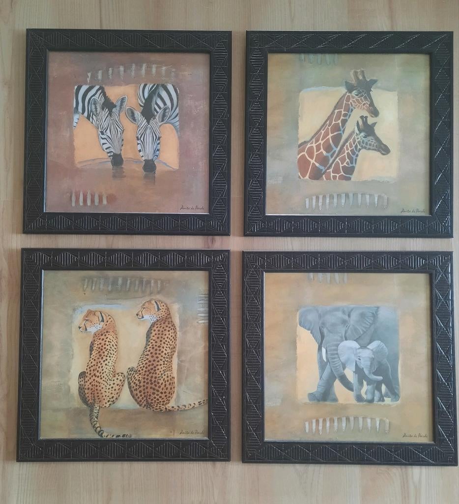 Set van 4 safari schilderijen 40x40 cm, Minder dan 50 cm, Ophalen of Verzenden, Zo goed als nieuw, Schilderij