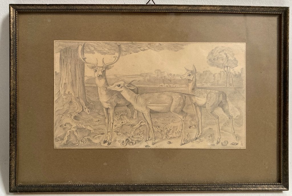 1914 -  potlood tekening damherten, Ophalen of Verzenden, Tekening, Potloodtekening, Achter glas