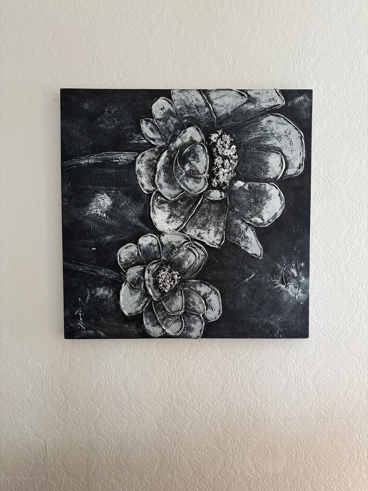 Modern Schilderij Zwart-Wit Bloemen 100x100 cm, Ophalen of Verzenden