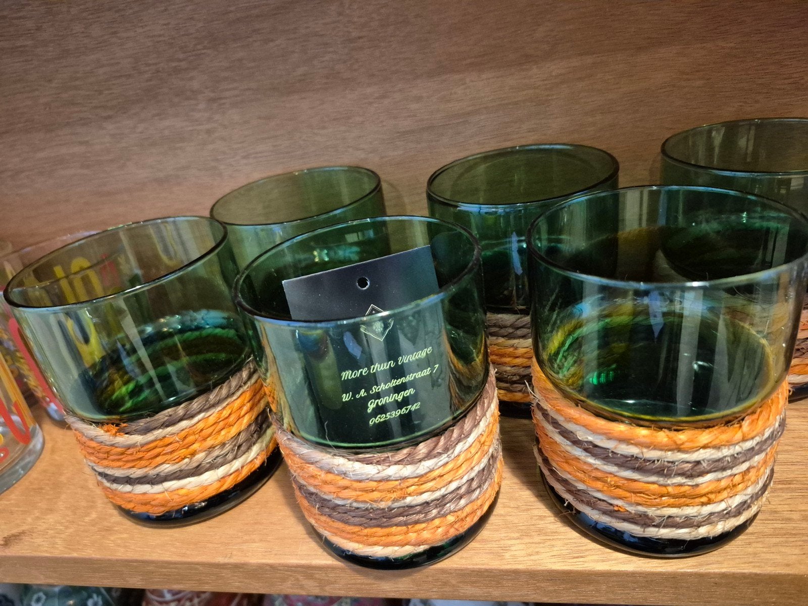 Set van 6 Groene Glazen met Gevlochten Basis, Ophalen of Verzenden, Zo goed als nieuw, Overige merken, Groen