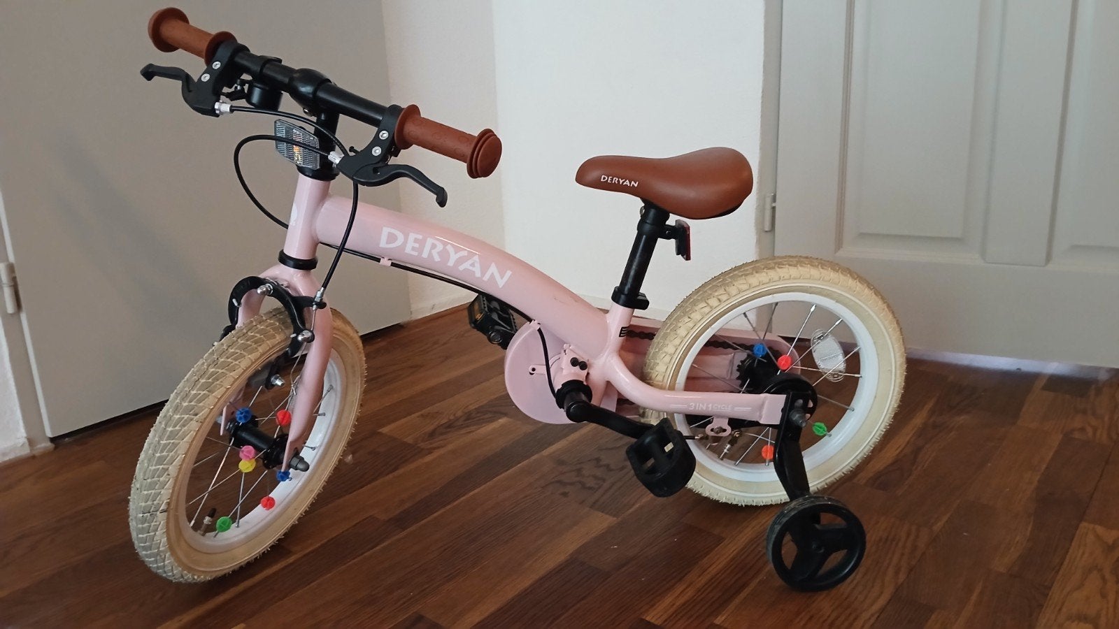 3 in 1 loopfiets fiets met zijwieltjes, roze deryan, Ophalen, Minder dan 16 inch, Zijwieltjes